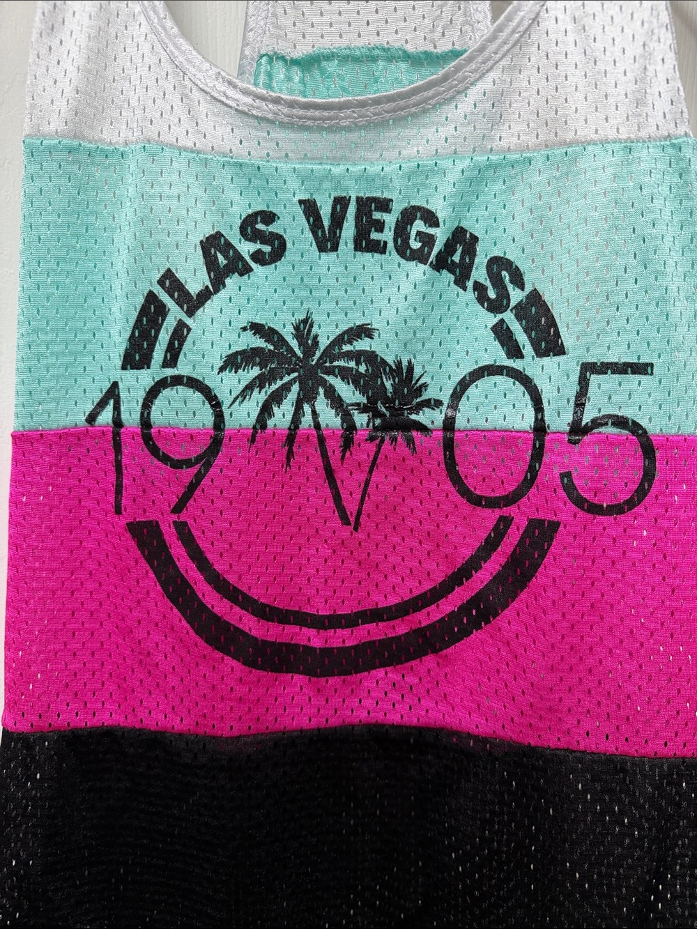 Las Vegas Colorblock Mesh Racerback Tank Top - White/Turquoise/Pink/Black - Picture 3 of 3
